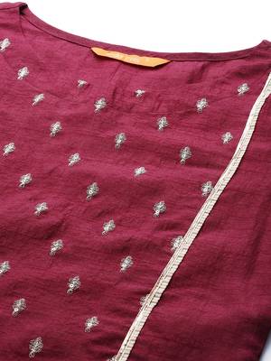 Indo Era Wine Embroidred A - Line Kurta Trouser With Dupatta 5