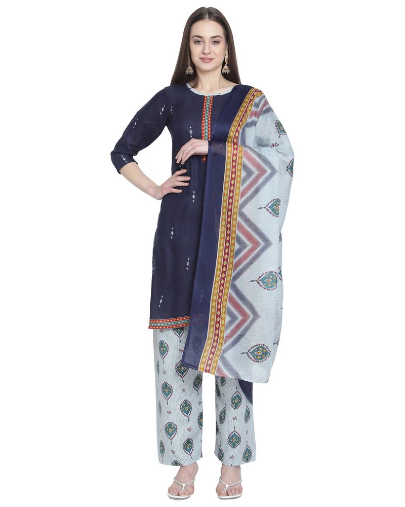 Navy-blue printed blended cotton salwar