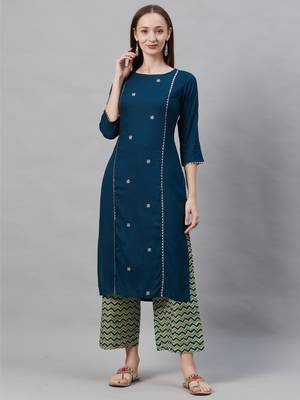 Indo Era Teal Green Embroidered Straight Kurta Sets 1