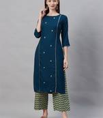 Indo Era Teal Green Embroidered Straight Kurta Sets