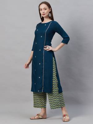 Indo Era Teal Green Embroidered Straight Kurta Sets 3