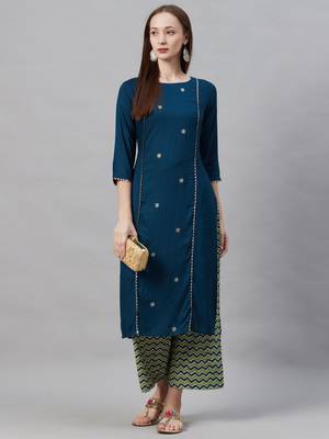 Indo Era Teal Green Embroidered Straight Kurta Sets 5