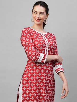 Indo Era Red Khari Printed Straight Kurta with Pant Sets 5