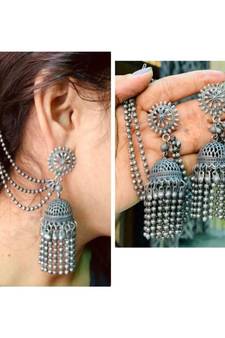 Oxidized Jhumki with Side Chain, Oxidized Indian Silver Earrings, Black Polish Brass Earrings, Trendy