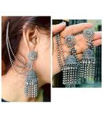 Oxidized Jhumki with Side Chain, Oxidized Indian Silver Earrings, Black Polish Brass Earrings, Trendy