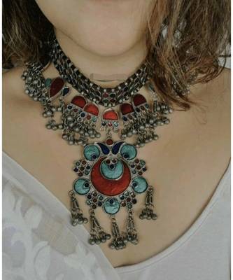 Afghani Glass Work And Thread work, Beautiful Statement Choker Set,Gypsy Style Choker, Boho Jewelry, Trendy Choker Set 1