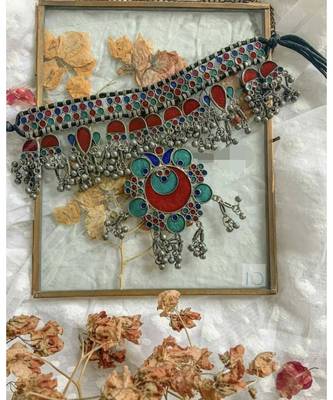 Afghani Glass Work And Thread work, Beautiful Statement Choker Set,Gypsy Style Choker, Boho Jewelry, Trendy Choker Set 2
