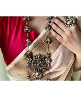 Limited Edition Ghungroo Jhumki with Long Chain, Earrings Ring Set, German Silver Indian Jewelry, Big Jhumki & Necklace 1