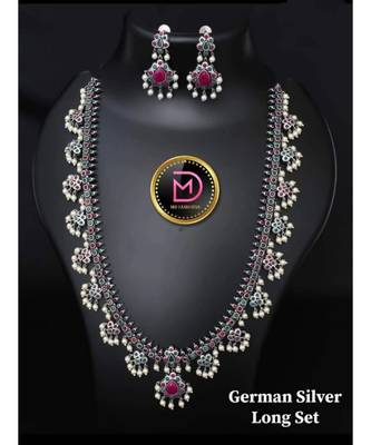 Pearl oxidized set, kolhapuri Indian stone studded oxidized set with earrings, Ethnic oxidised handmade jewelry set 1
