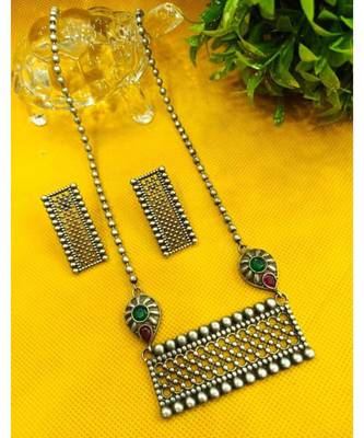 Indian german silver jewellery, Oxidized Long chain pendant set, 1