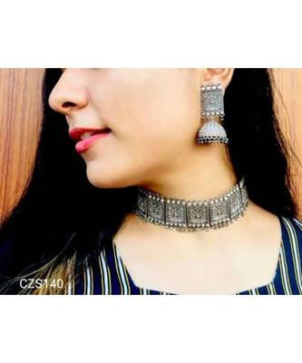 Ethnic Oxidised Silver Choker Set, Antique Oxidized Indian Choker set, Indian Jhumka, Big Jhumki with Choker 1