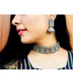 Ethnic Oxidised Silver Choker Set, Antique Oxidized Indian Choker set, Indian Jhumka, Big Jhumki with Choker
