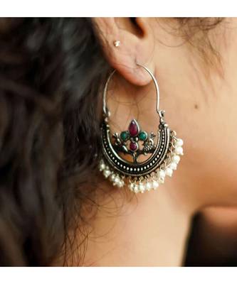 Indian oxidised multicolor Stone pearl hoop Earring, ethnic earrings, gifts for her, Indian jewelery long earrings 1