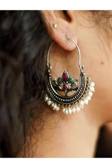 Indian oxidised multicolor Stone pearl hoop Earring, ethnic earrings, gifts for her, Indian jewelery long earrings