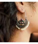 Indian oxidised multicolor Stone pearl hoop Earring, ethnic earrings, gifts for her, Indian jewelery long earrings