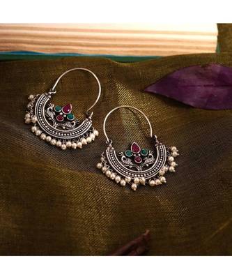 Indian oxidised multicolor Stone pearl hoop Earring, ethnic earrings, gifts for her, Indian jewelery long earrings 2
