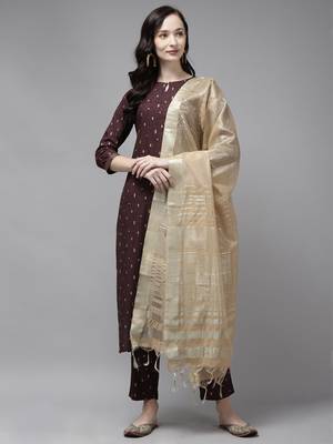 Indo Era Maroon Foil Printed Straight Kurta Palazzo with Dupatta Sets 1
