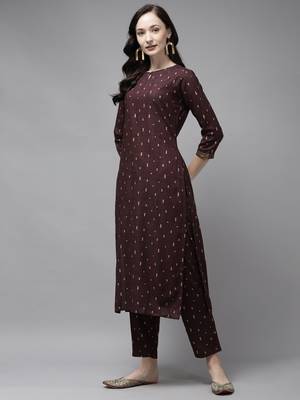 Indo Era Maroon Foil Printed Straight Kurta Palazzo with Dupatta Sets 3
