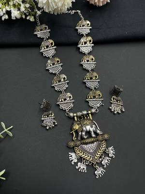 Dual tone Elephant design necklace set German silver indian oxidized jewellery gifts for her long necklace with earrings 1