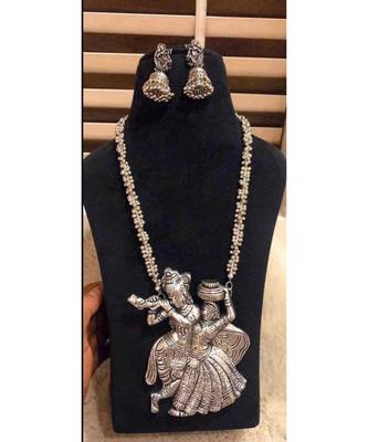 Radhakrishna pendant set traditional wear German silver indian oxidized jewellery vintage look temple jewelry 2