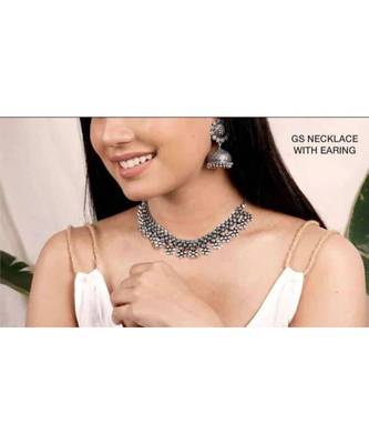 Silver oxidized choker with jhumka earrings, choker with floral designs 1