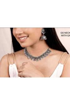 Silver oxidized choker with jhumka earrings, choker with floral designs