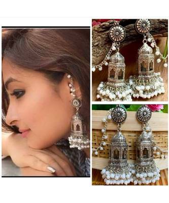 Beautiful cage scripted jhumka earrings, oxidised earrings with pearls,long earrings, Indian earrings 1