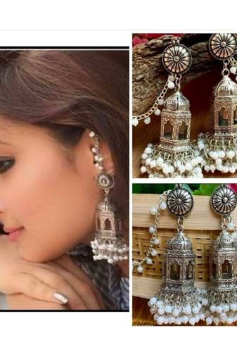 Beautiful cage scripted jhumka earrings, oxidised earrings with pearls,long earrings, Indian earrings