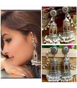 Beautiful cage scripted jhumka earrings, oxidised earrings with pearls,long earrings, Indian earrings