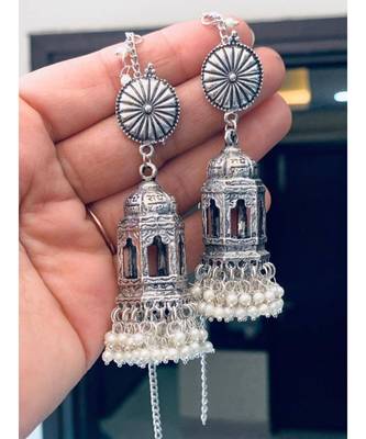 Beautiful cage scripted jhumka earrings, oxidised earrings with pearls,long earrings, Indian earrings 2