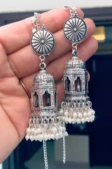 Beautiful cage scripted jhumka earrings, oxidised earrings with pearls,long earrings, Indian earrings