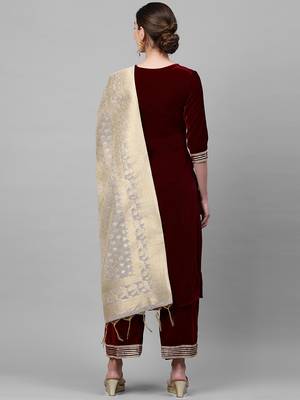 Indo Era Maroon Velvet Kurta Palazzo With Dupatta Sets 2