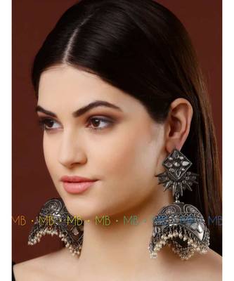 Long Mirror jhumka with pearl oxidized earrings with floral designs,indian silver look alike jhumka 1