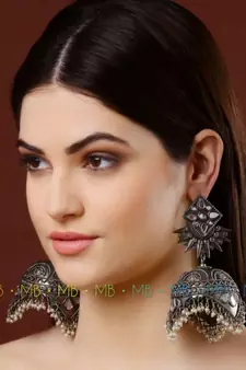 Long Mirror jhumka with pearl oxidized earrings with floral designs,indian silver look alike jhumka