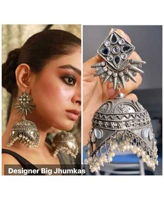 Long Mirror jhumka with pearl oxidized earrings with floral designs,indian silver look alike jhumka 2