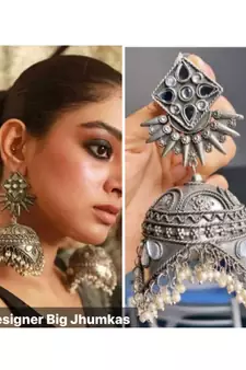 Long Mirror jhumka with pearl oxidized earrings with floral designs,indian silver look alike jhumka