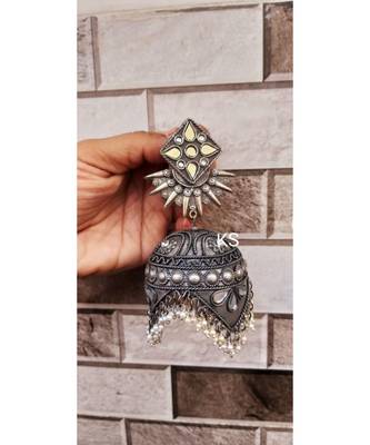 Long Mirror jhumka with pearl oxidized earrings with floral designs,indian silver look alike jhumka 3