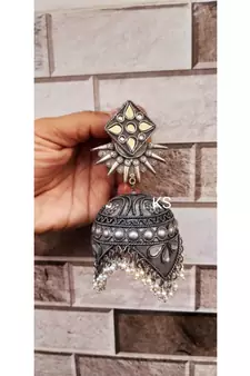 Long Mirror jhumka with pearl oxidized earrings with floral designs,indian silver look alike jhumka
