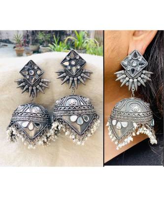 Long Mirror jhumka with pearl oxidized earrings with floral designs,indian silver look alike jhumka 4