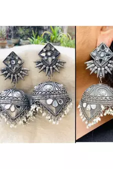 Long Mirror jhumka with pearl oxidized earrings with floral designs,indian silver look alike jhumka