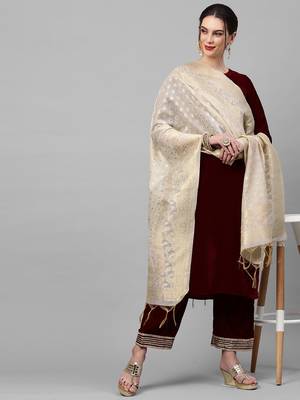 Indo Era Maroon Velvet Kurta Palazzo With Dupatta Sets 4