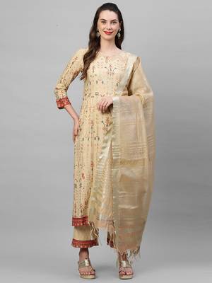 Indo Era Beige Foil Printed Straight Kurta with Palazzo Dupatta Set 1