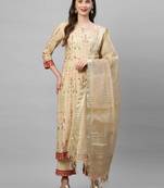 Indo Era Beige Foil Printed Straight Kurta with Palazzo Dupatta Set