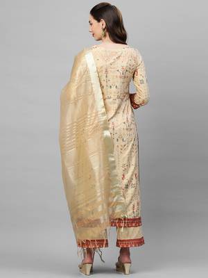 Indo Era Beige Foil Printed Straight Kurta with Palazzo Dupatta Set 2