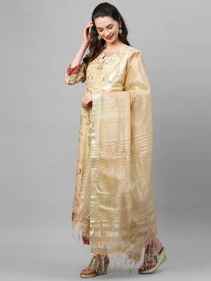 Indo Era Beige Foil Printed Straight Kurta with Palazzo Dupatta Set 3