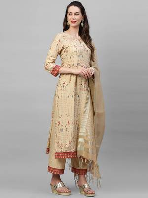 Indo Era Beige Foil Printed Straight Kurta with Palazzo Dupatta Set 4