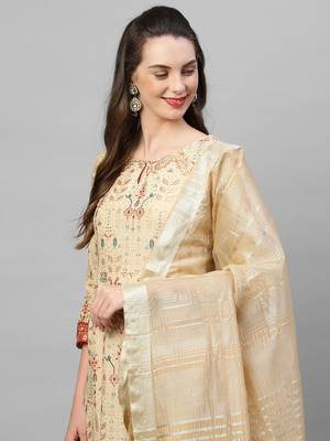 Indo Era Beige Foil Printed Straight Kurta with Palazzo Dupatta Set 5