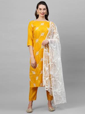 Indo Era Yellow Embroidered Straight Kurta Palazzo With Dupatta Set 1