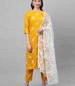 Indo Era Yellow Embroidered Straight Kurta Palazzo With Dupatta Set