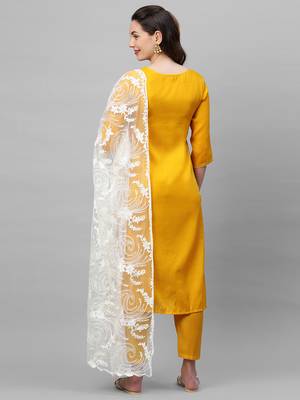 Indo Era Yellow Embroidered Straight Kurta Palazzo With Dupatta Set 2